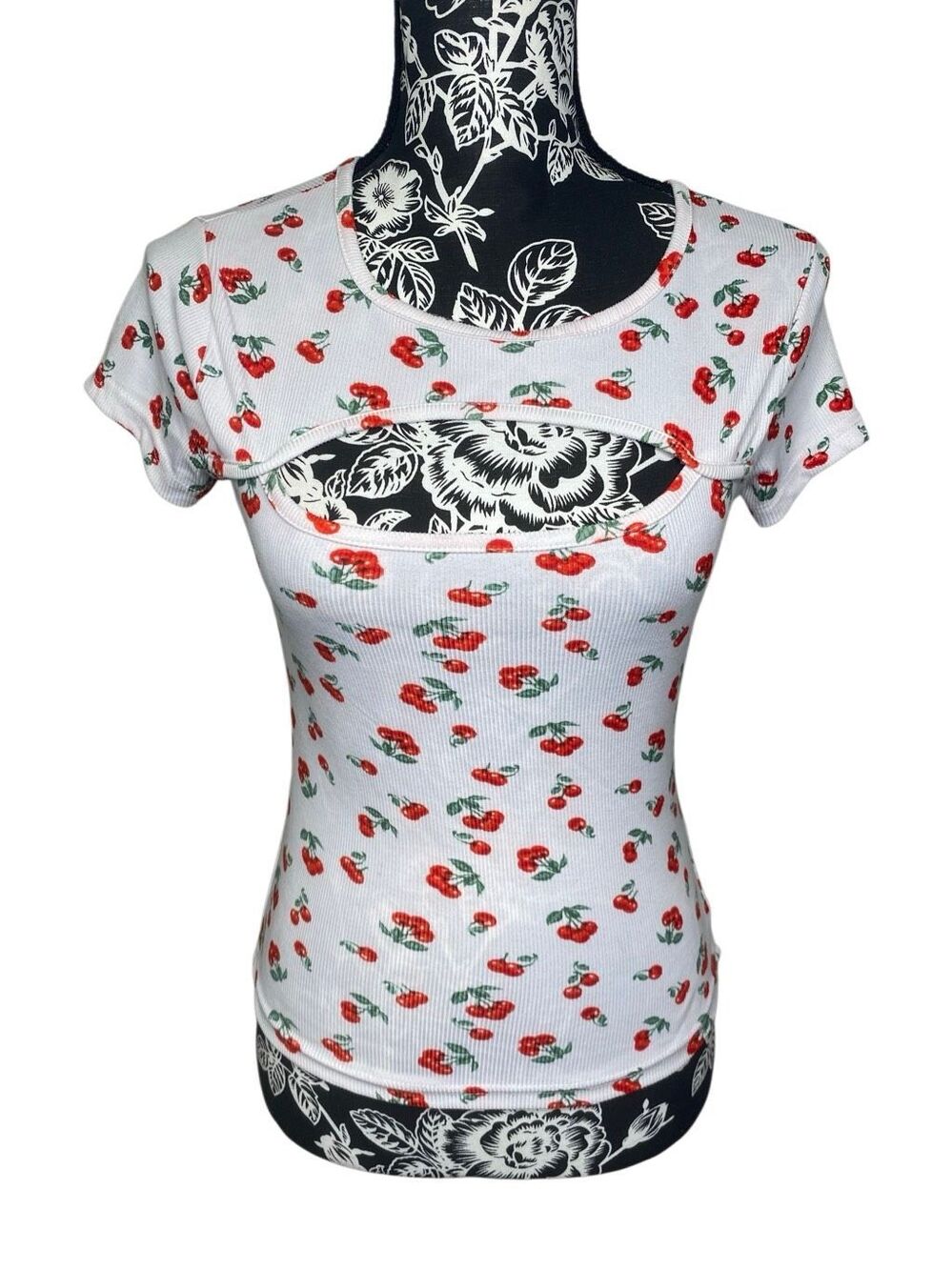 Rue21 Cherry Print Ribbed Cut Out Baby Tee Y2K Coquette Cottagecore Fitted Top